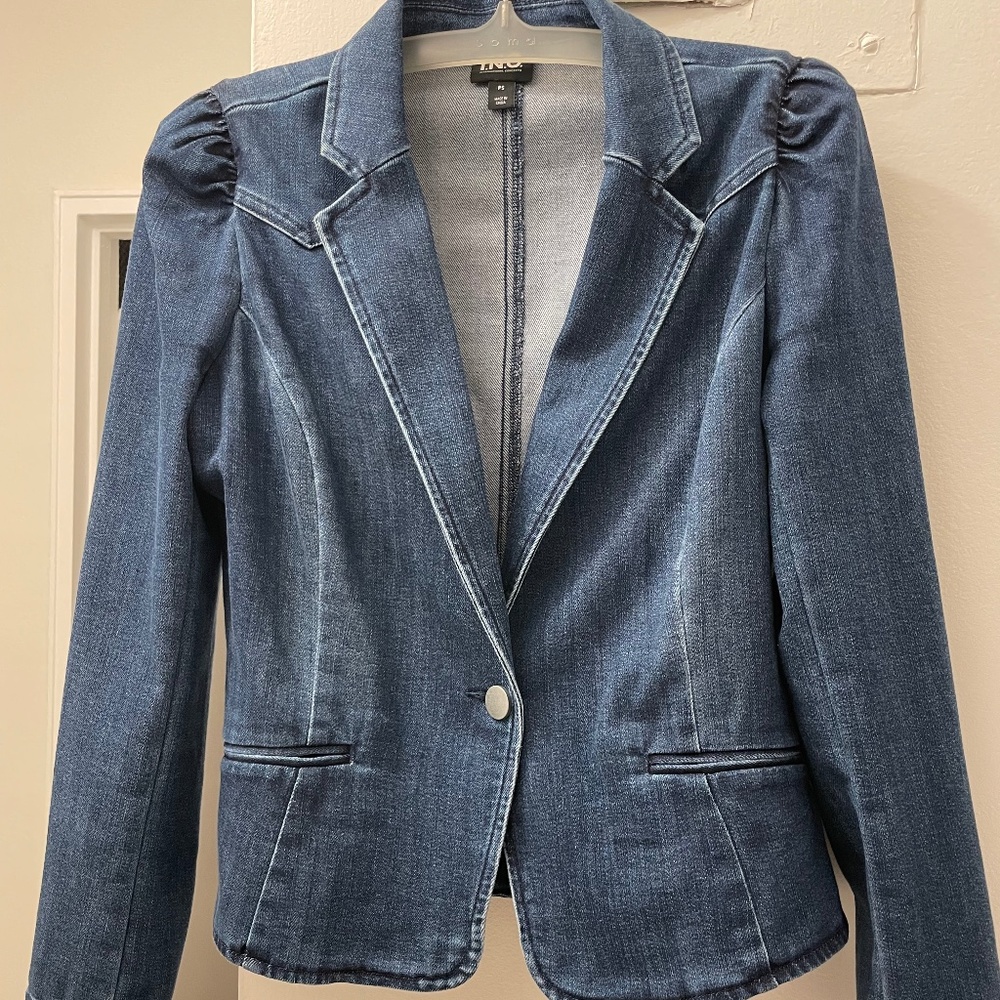 INC Denim Puff Sleeve Blazer Jacket  - Petite Small